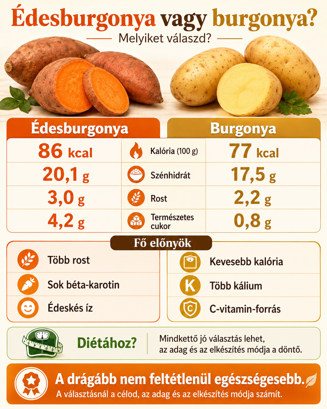 Édesburgonya és hagyományos burgonya összehasonlítása kalória, rost, vitaminok és diétás felhasználás alapján